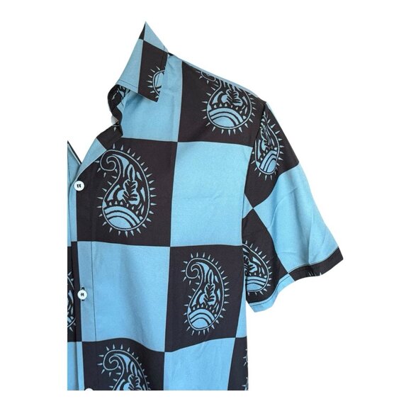 ROMWE Mens Casual Button Down Shirt~Size M~Blue Black Vacay Beach Top~L12 01 - Picture 3 of 7